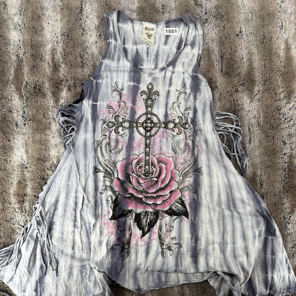 Vocal Gray Tie Dye Embellished Cross Pink Rose Tunic Dress Sleeveless USA Medium